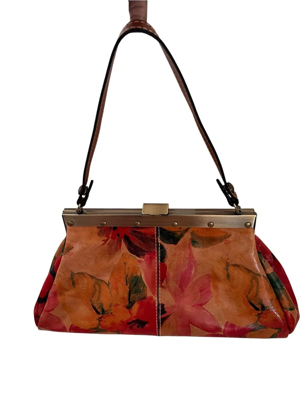 Patricia Nash Floral Leather Frame-Top Shoulder Bag in Red
